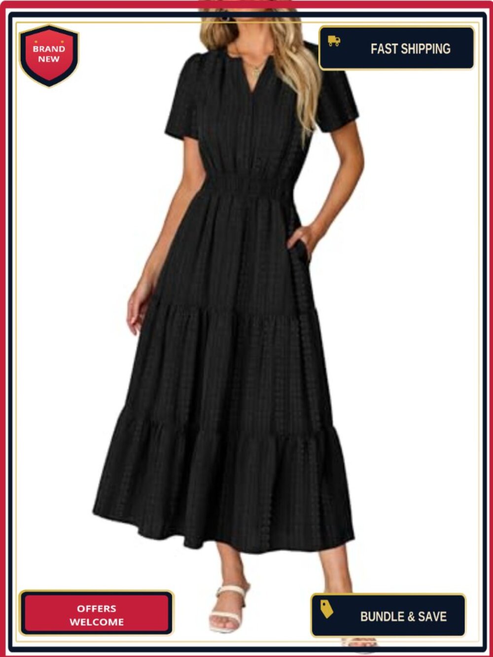 RUMIA Women's Summer Short Sleeve Maxi Dress, V-Neck A-Line Flowy with Pockets,
